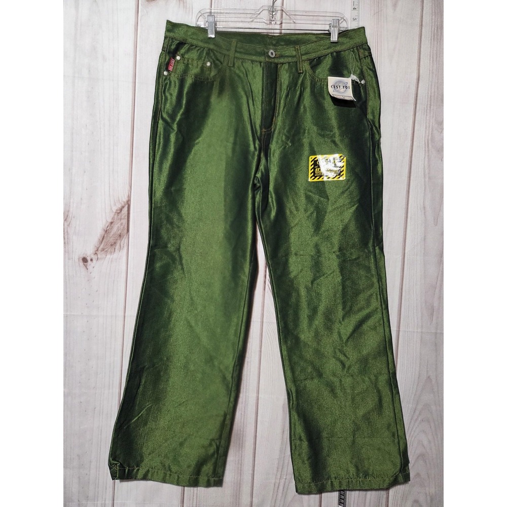Cest Toi Pants Womens 2XL Green Satin Wide Leg‎ Jeans Made USA Shiny Dressy